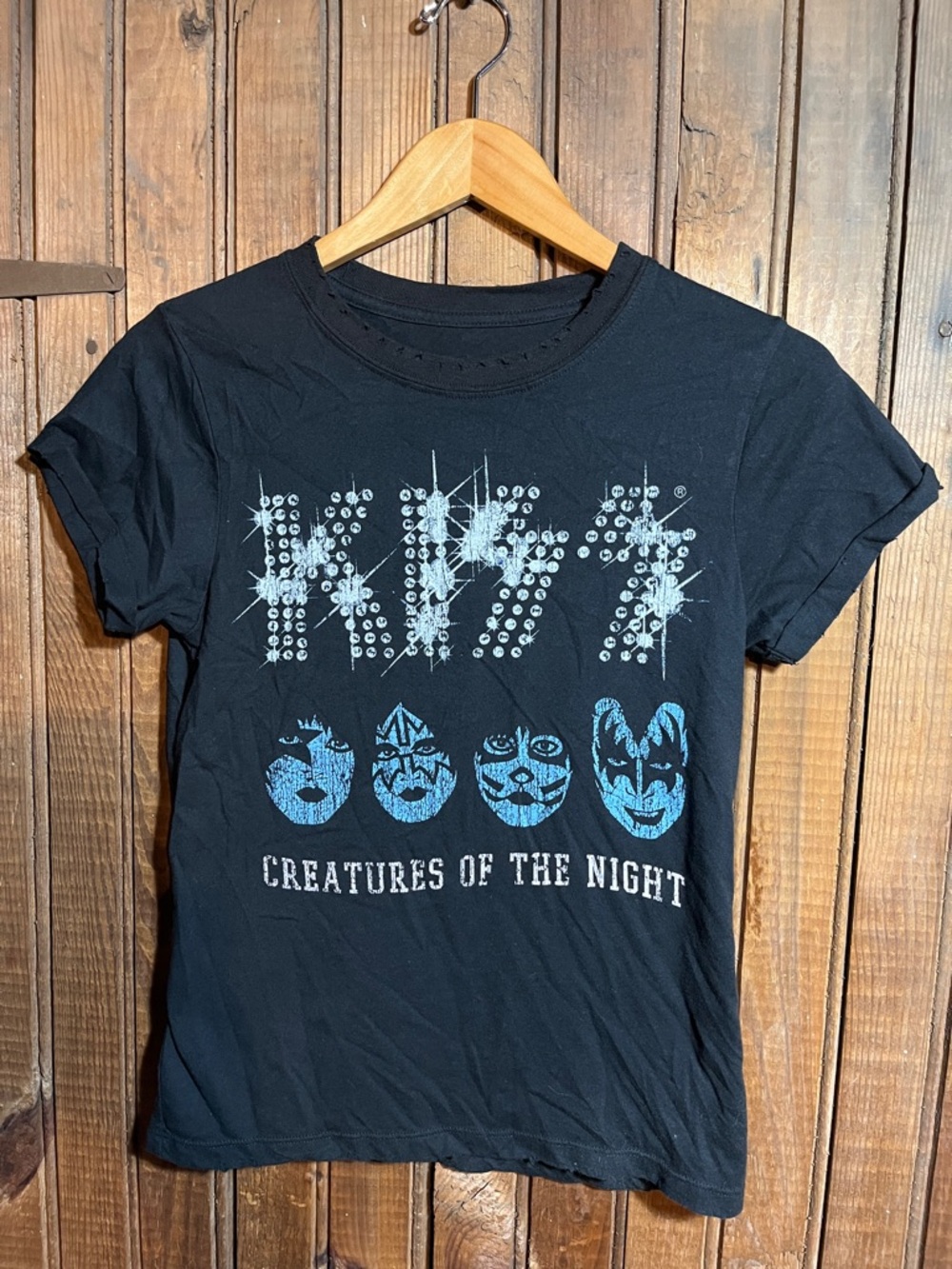 Kiss Black Tee with Blue and White Creatures Graphic